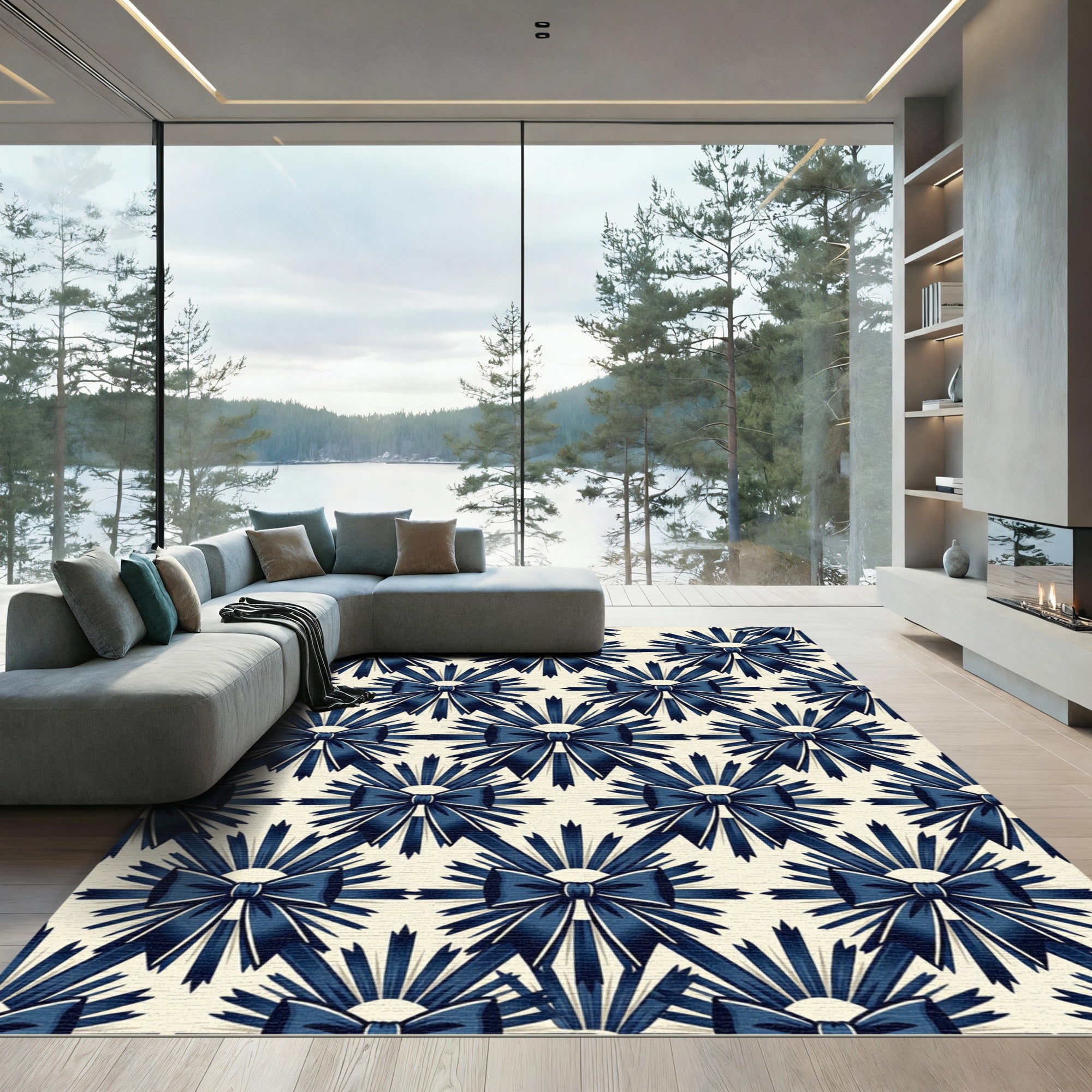 Elegant Navy Bow Sunburst Lattice Rug
