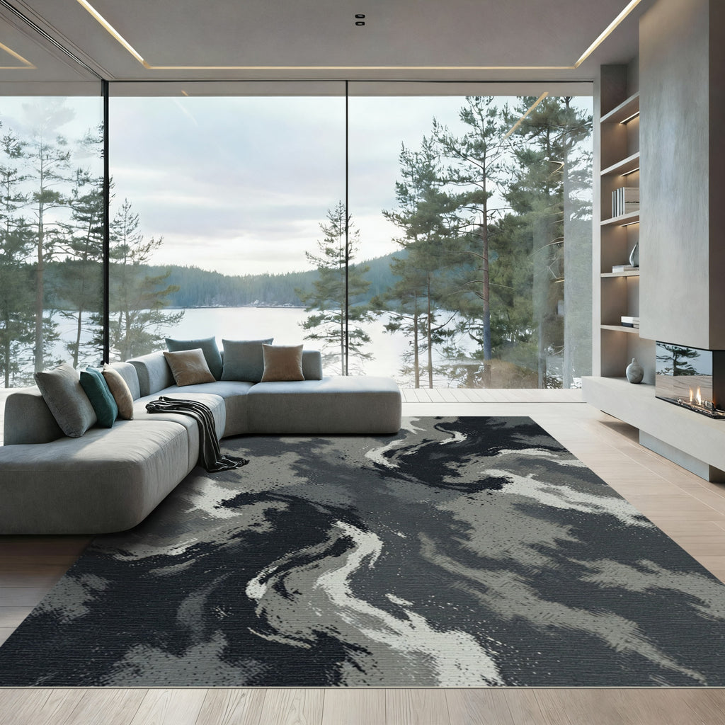Dark Gray Abstract Swirl Rug