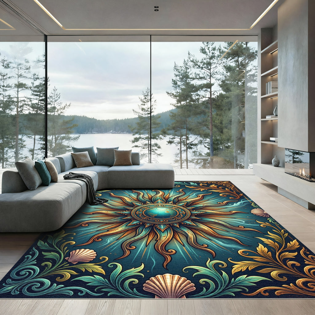 Gilded Celestial Globe Sun Teal Medallion Rug