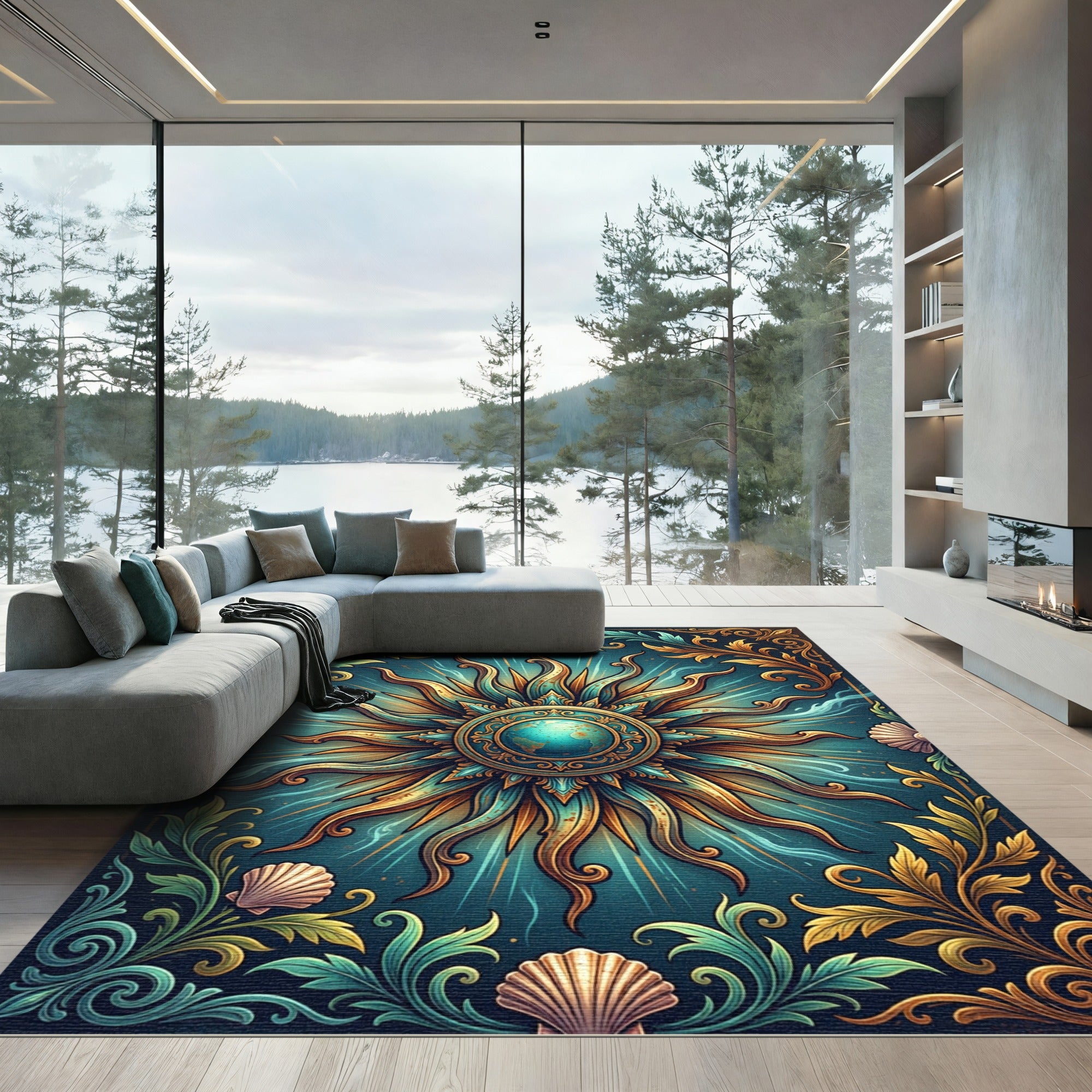 Gilded Celestial Globe Sun Teal Medallion Rug