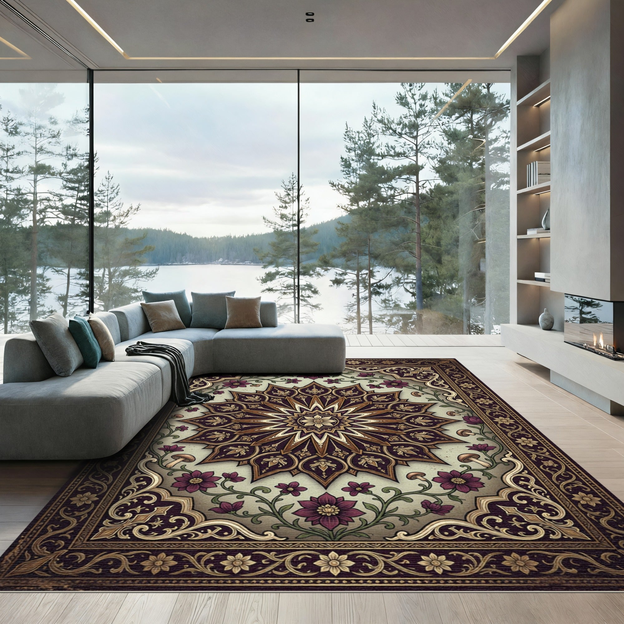 Elegant Plum Floral Gold Medallion Art Rug