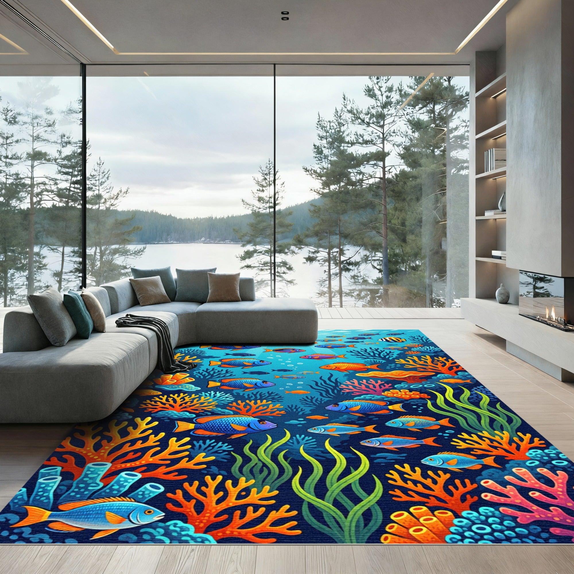Vibrant Oceanic Coral Reef Tropical Fish Rug