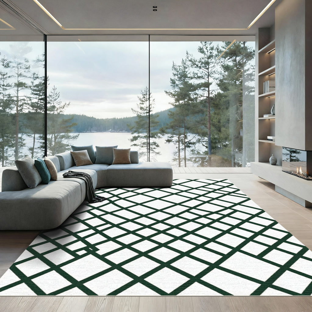 Modern Forest Green Skewed Grid Rug