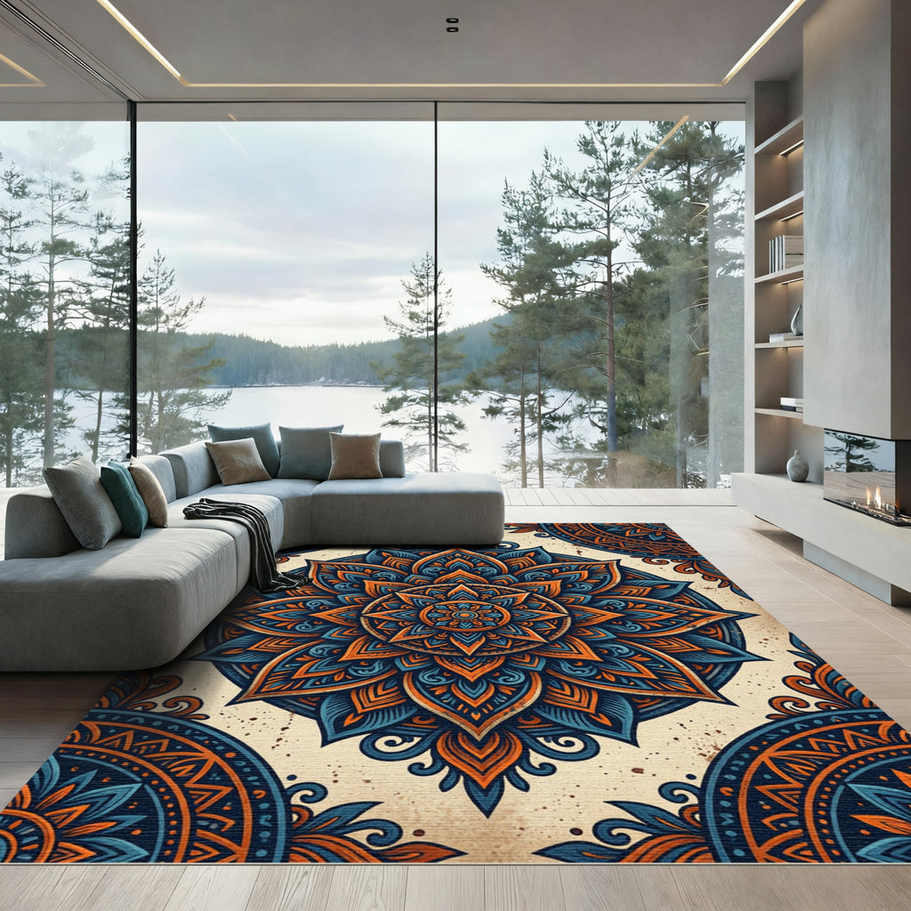 Ornate Indigo and Burnt Orange Mandala Rug