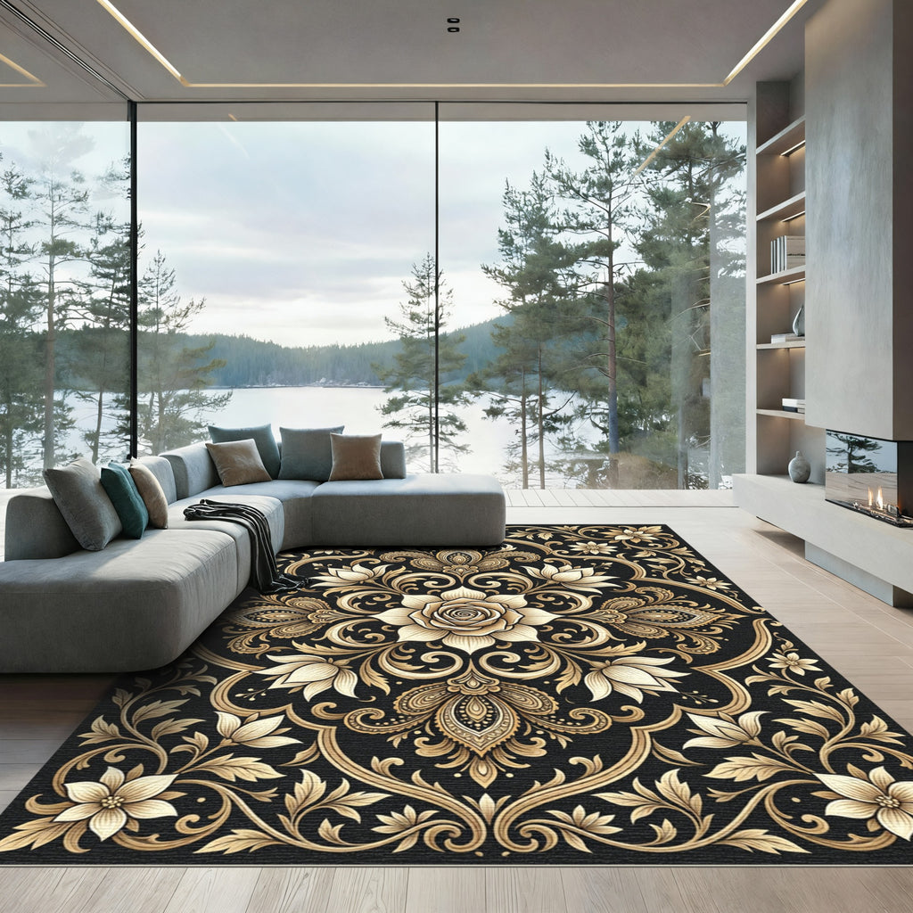 Gold Floral Medallion Black Ornate Rug