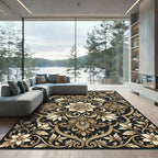 Gold Floral Medallion Black Ornate Rug