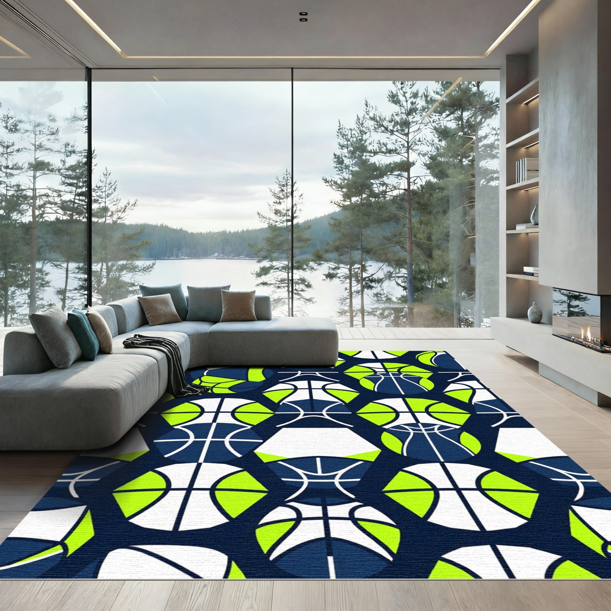 Modern Navy Neon Green Geometric Basketball Rug