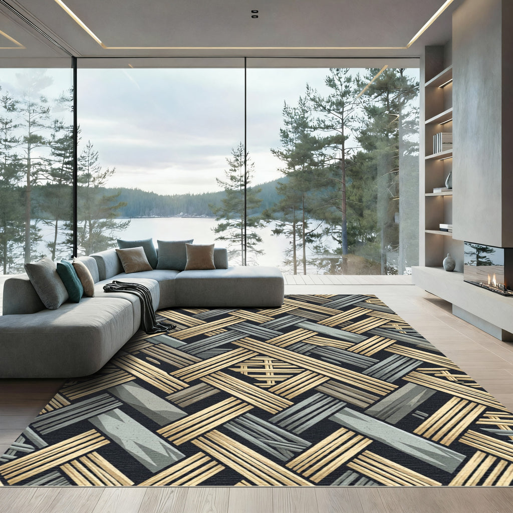 Woven Wood Textured Geometric Rug