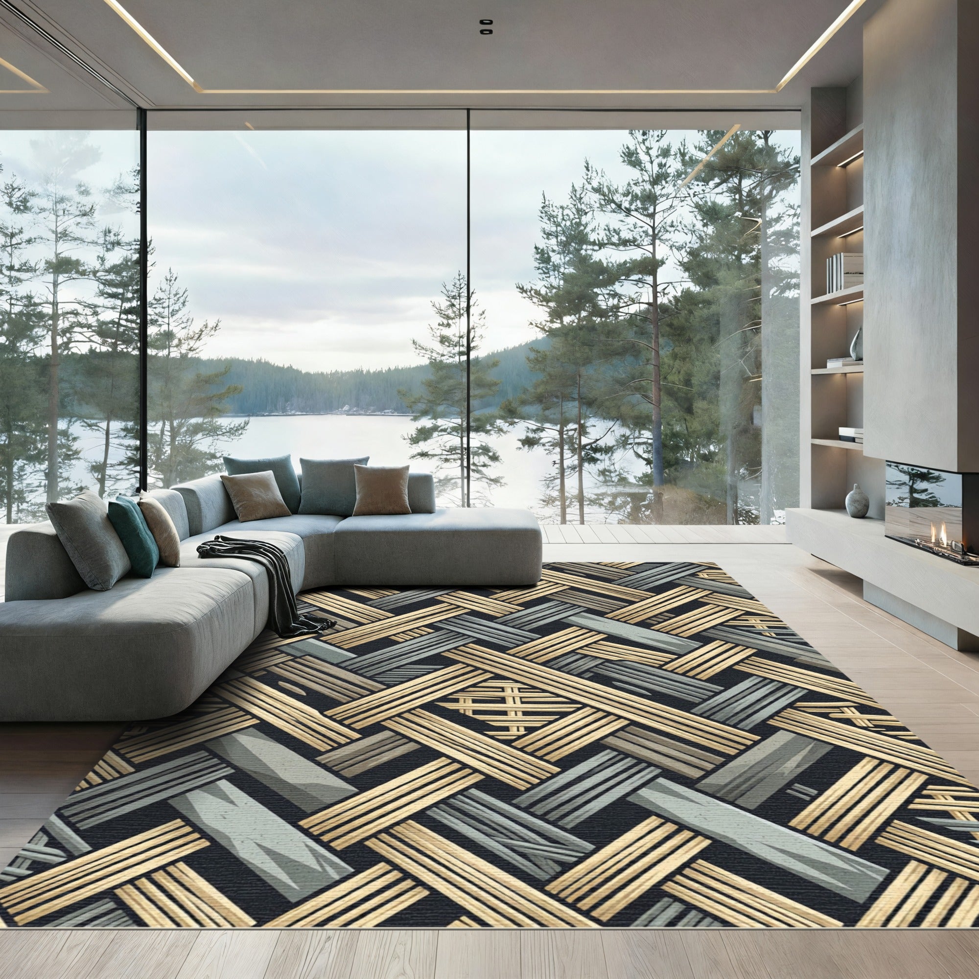 Woven Wood Textured Geometric Rug