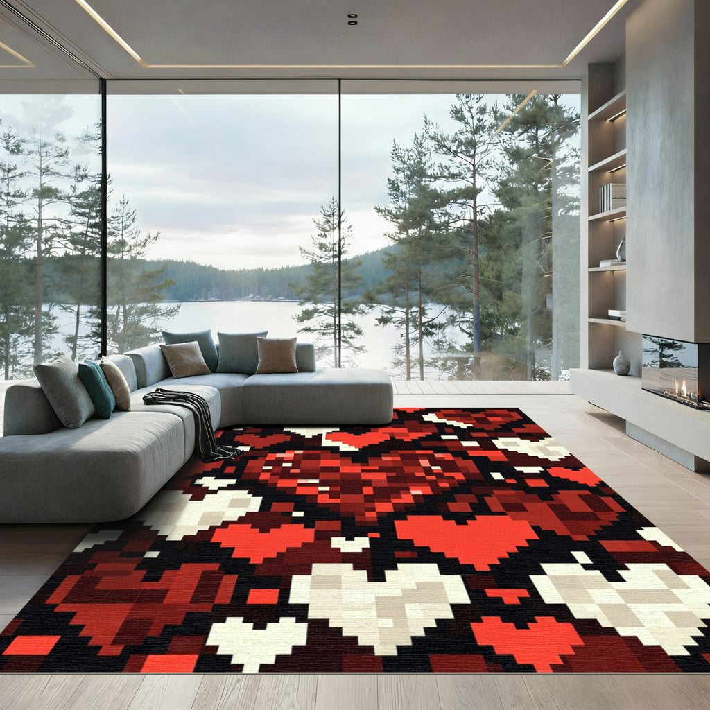 Pixelated Heart Mosaic Red White Rug