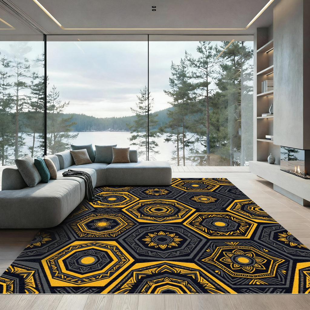 Modern Ochre Geometric Hexagonal Medallion Rug