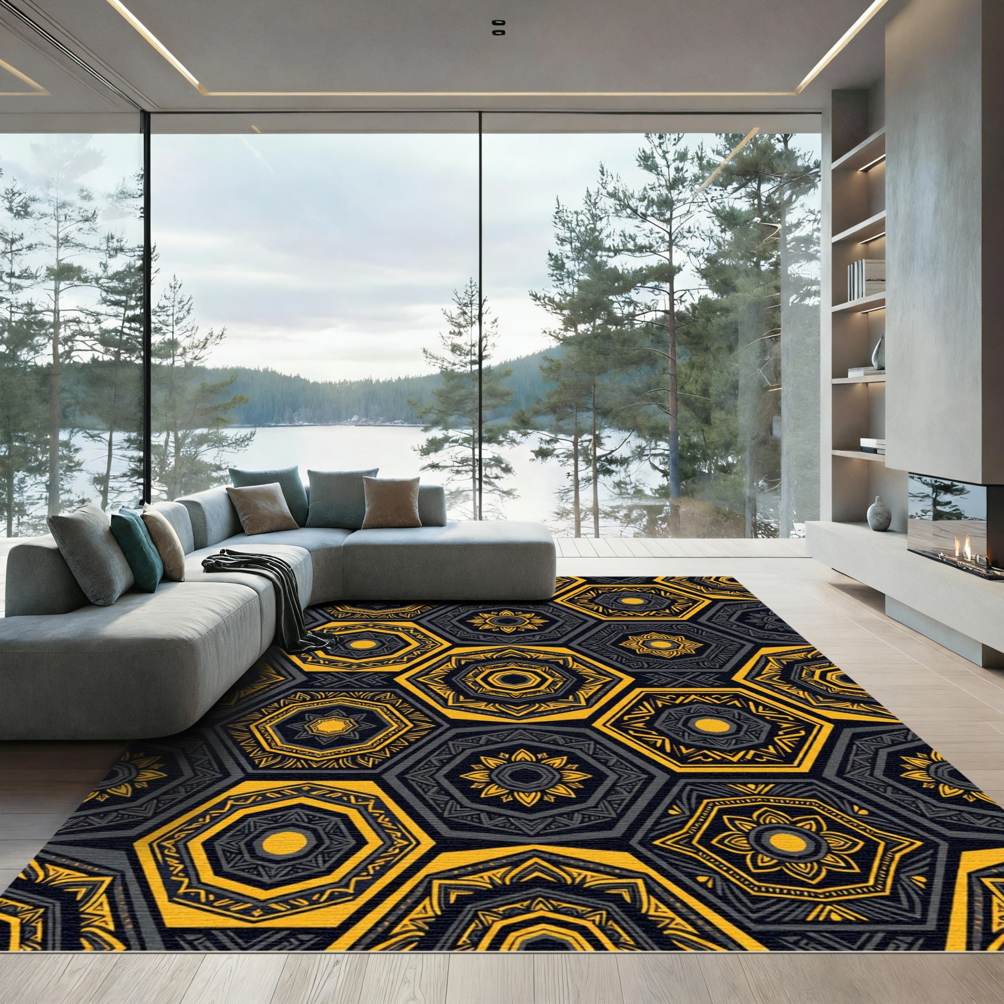 Modern Ochre Geometric Hexagonal Medallion Rug