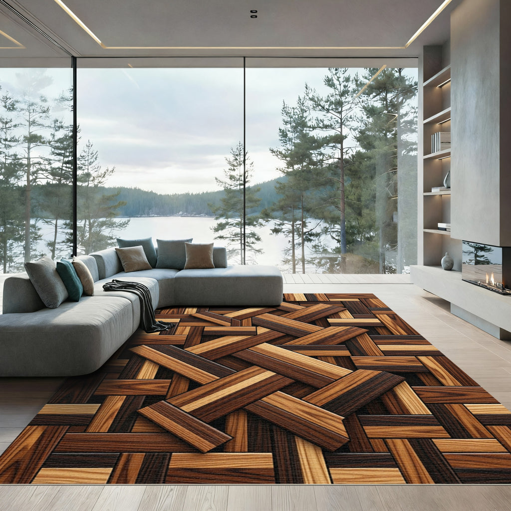 Wood Grain Interlocking Rectangle Composition Rug