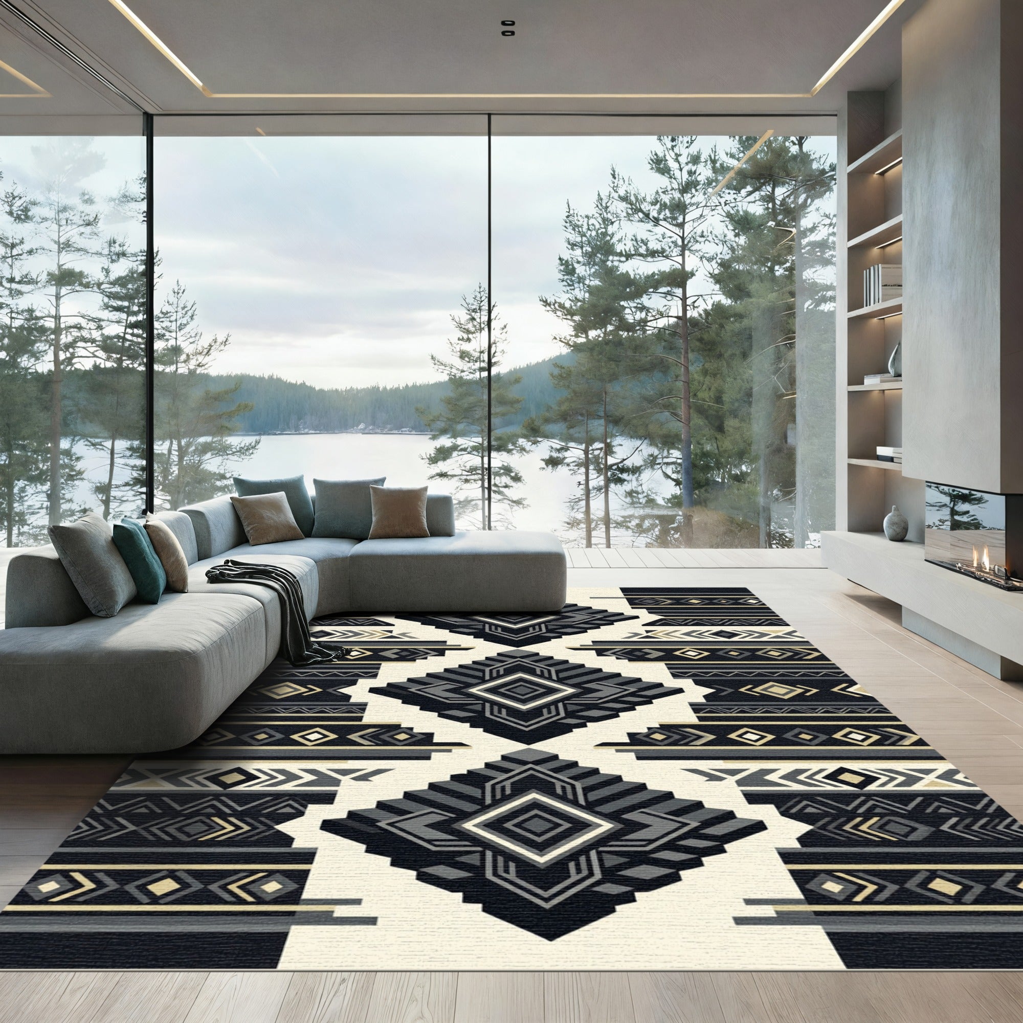 Monochrome Geometric Step Diamond Rug