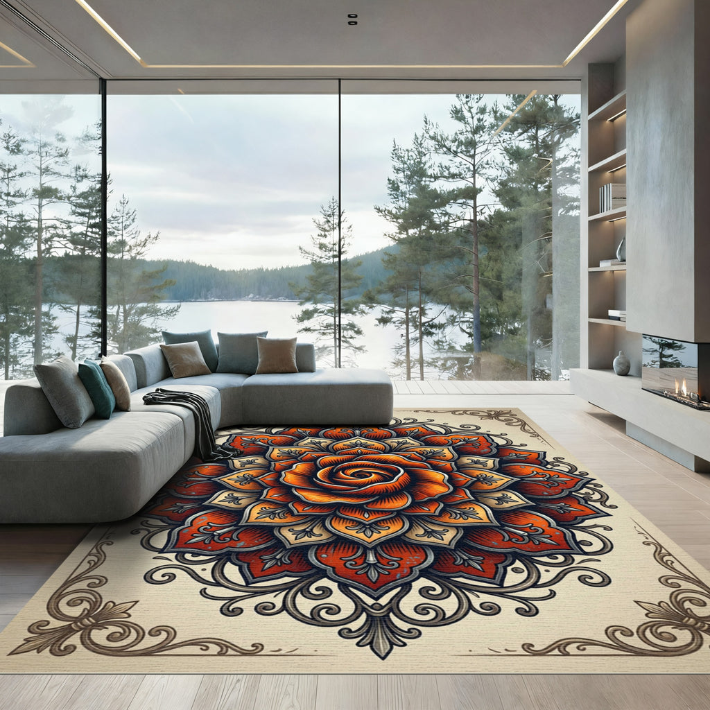 Ornate Tangerine Rose Mandala Medallion Rug
