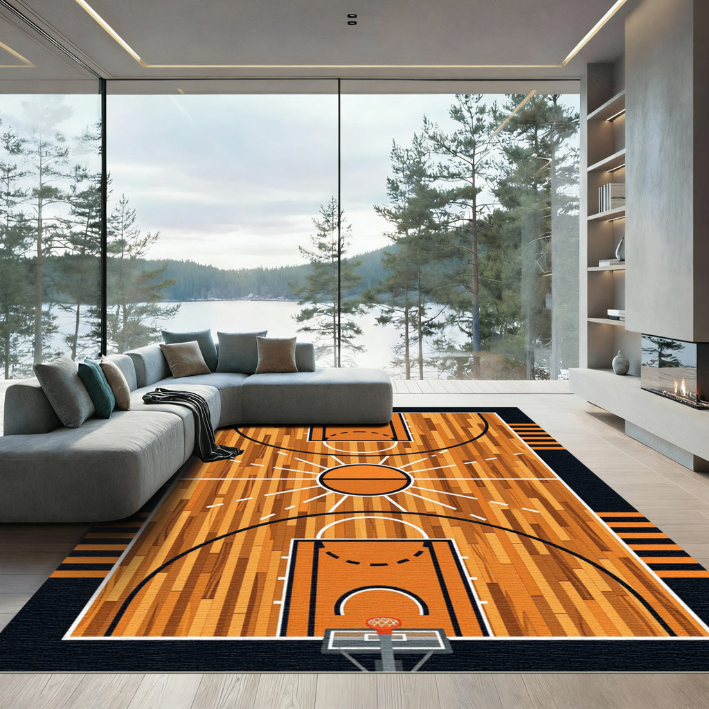 Basketball Court Geometric Hardwood Graphic Rug