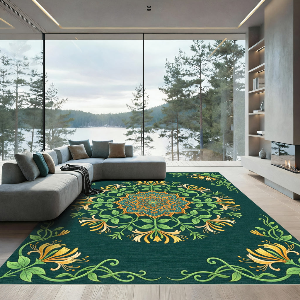 Teal Orange Vine Mandala Art Rug