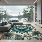 Teal Lotus Blossom with Tropical Palm Foliage Rug