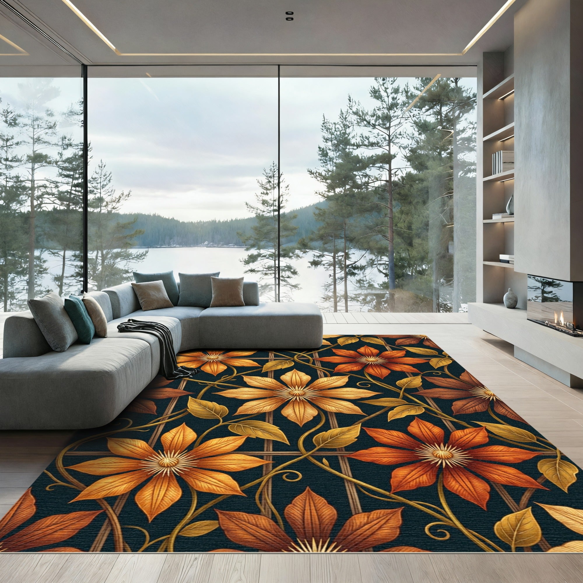 Golden Clematis Botanical Trellis Art Rug