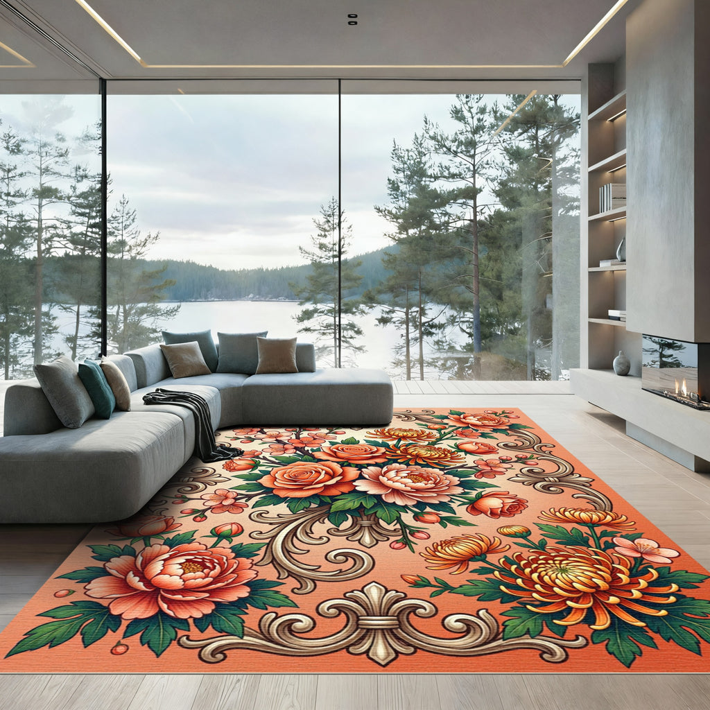 Elegant Coral Floral Baroque Bouquet Rug
