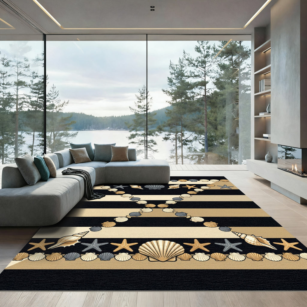 Golden Seashell Starfish Striped Accent Rug