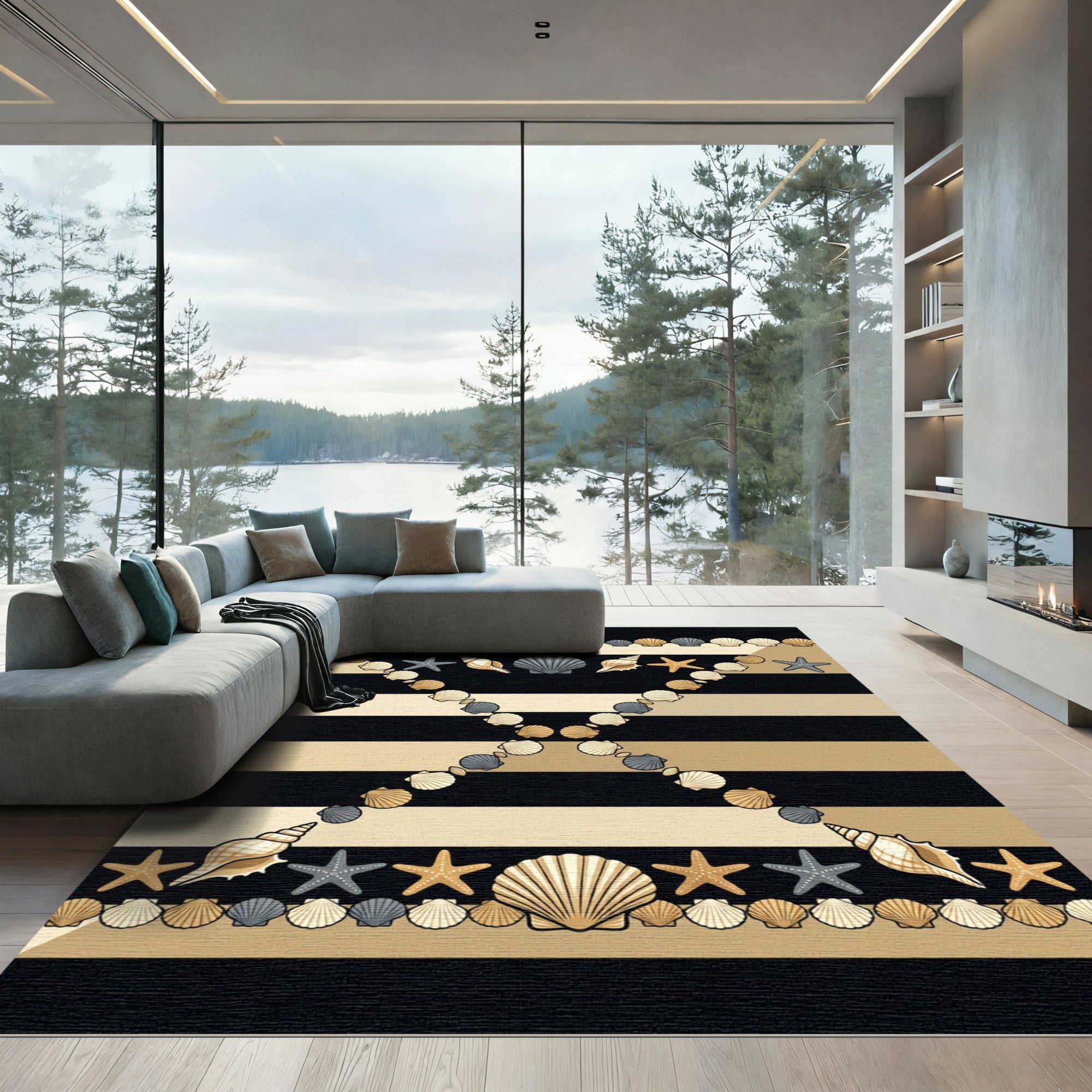 Golden Seashell Starfish Striped Accent Rug