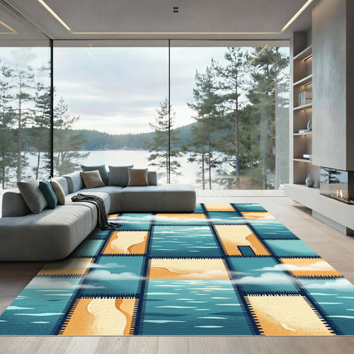 Abstract Coastal Horizon Grid Teals Gold Rug