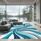 Dynamic Teal Blue Wavy Abstract Flow Rug