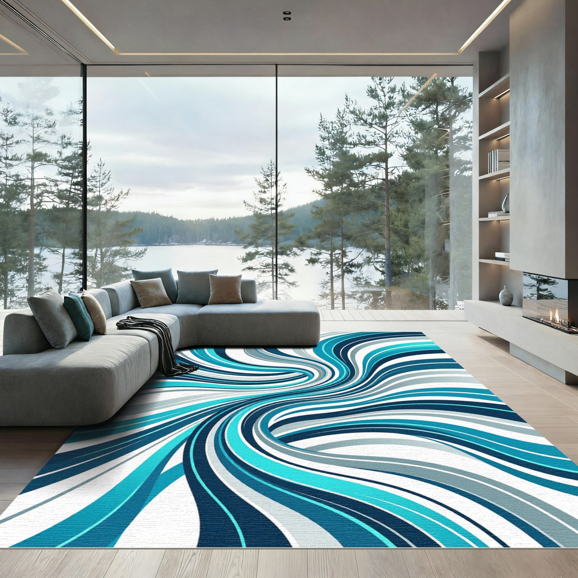 Dynamic Teal Blue Wavy Abstract Flow Rug