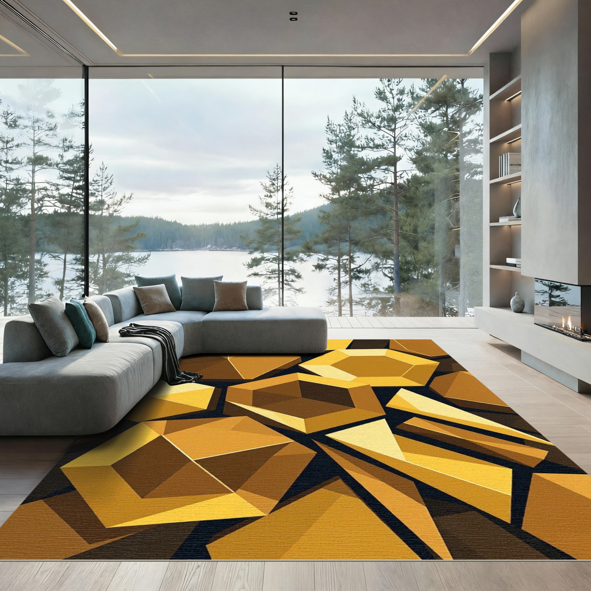 Geometric Golden Hexagon Abstract Art Rug