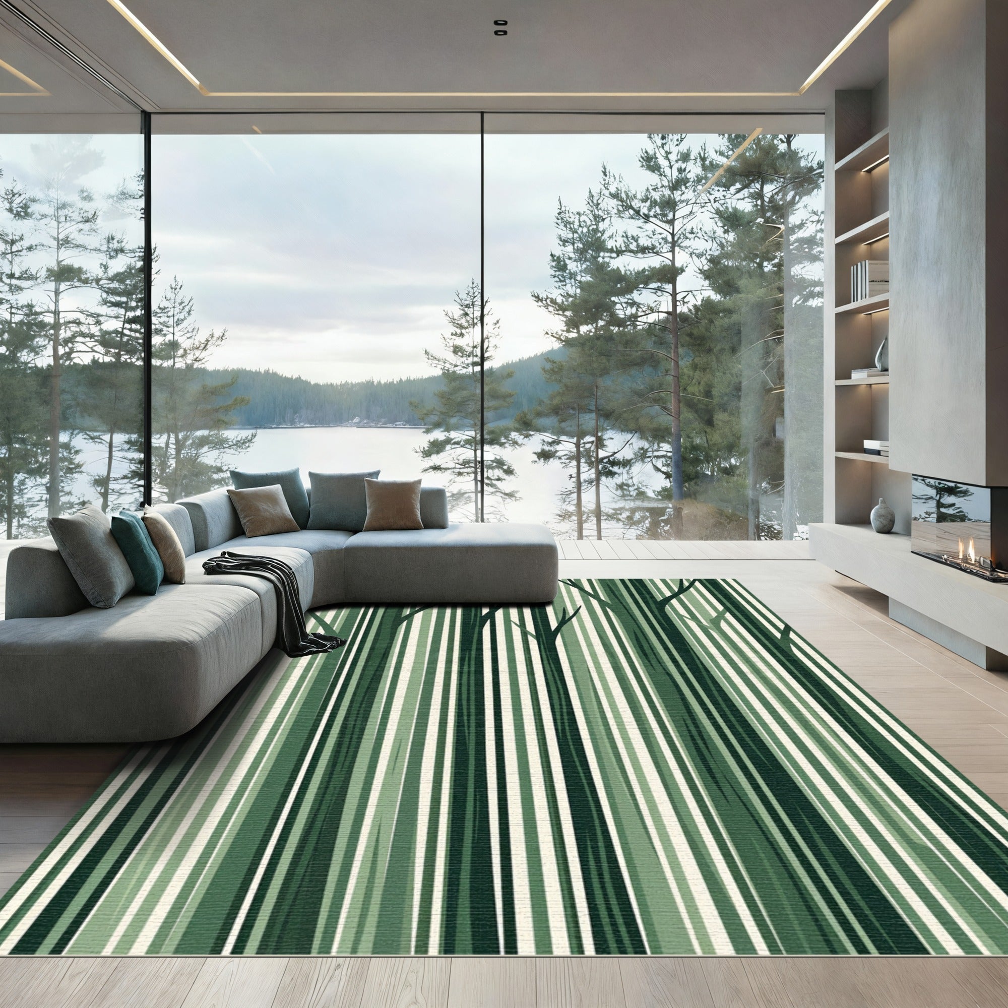 Forest Green Striped Tree Bark Rug