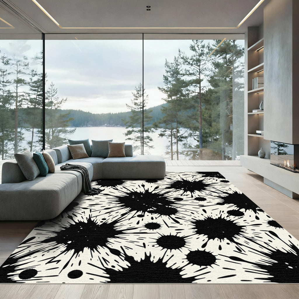 Bold Black Monochrome Ink Splatter Rug