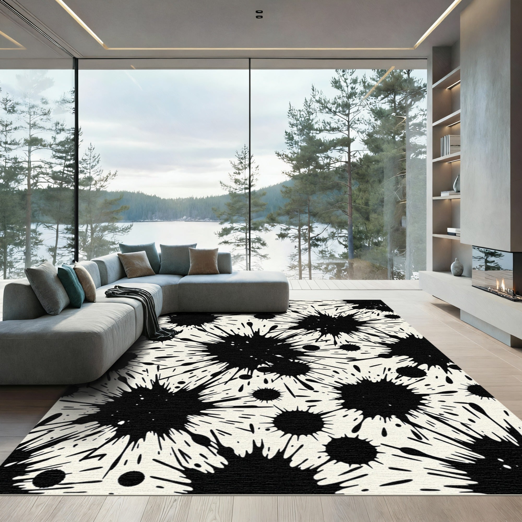 Bold Black Monochrome Ink Splatter Rug