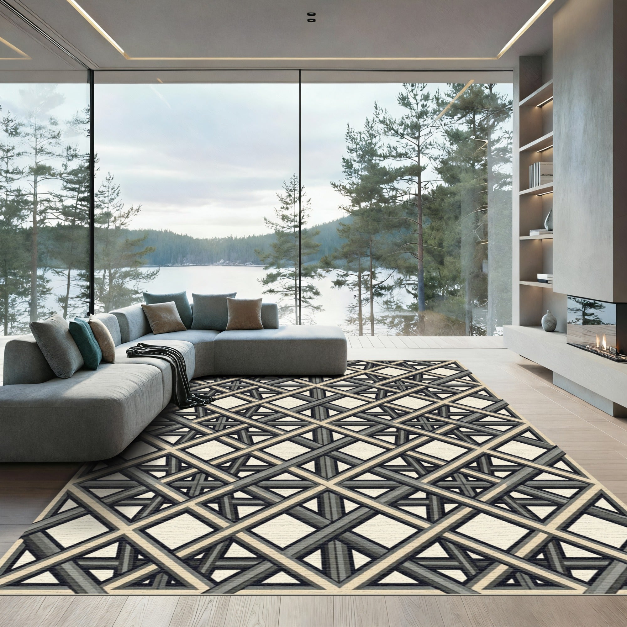 Modern Gray Intersecting Lattice Grid Rug