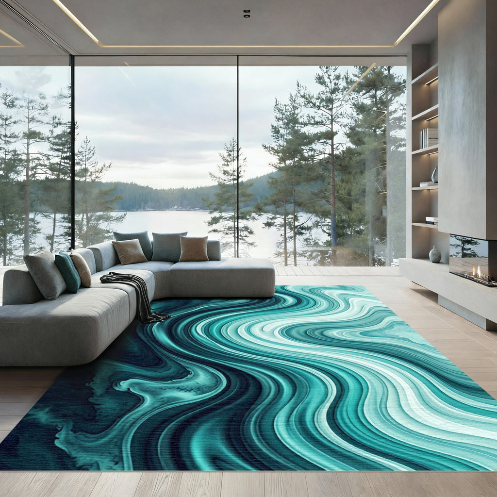 Deep Teal Ocean Swirl Rug