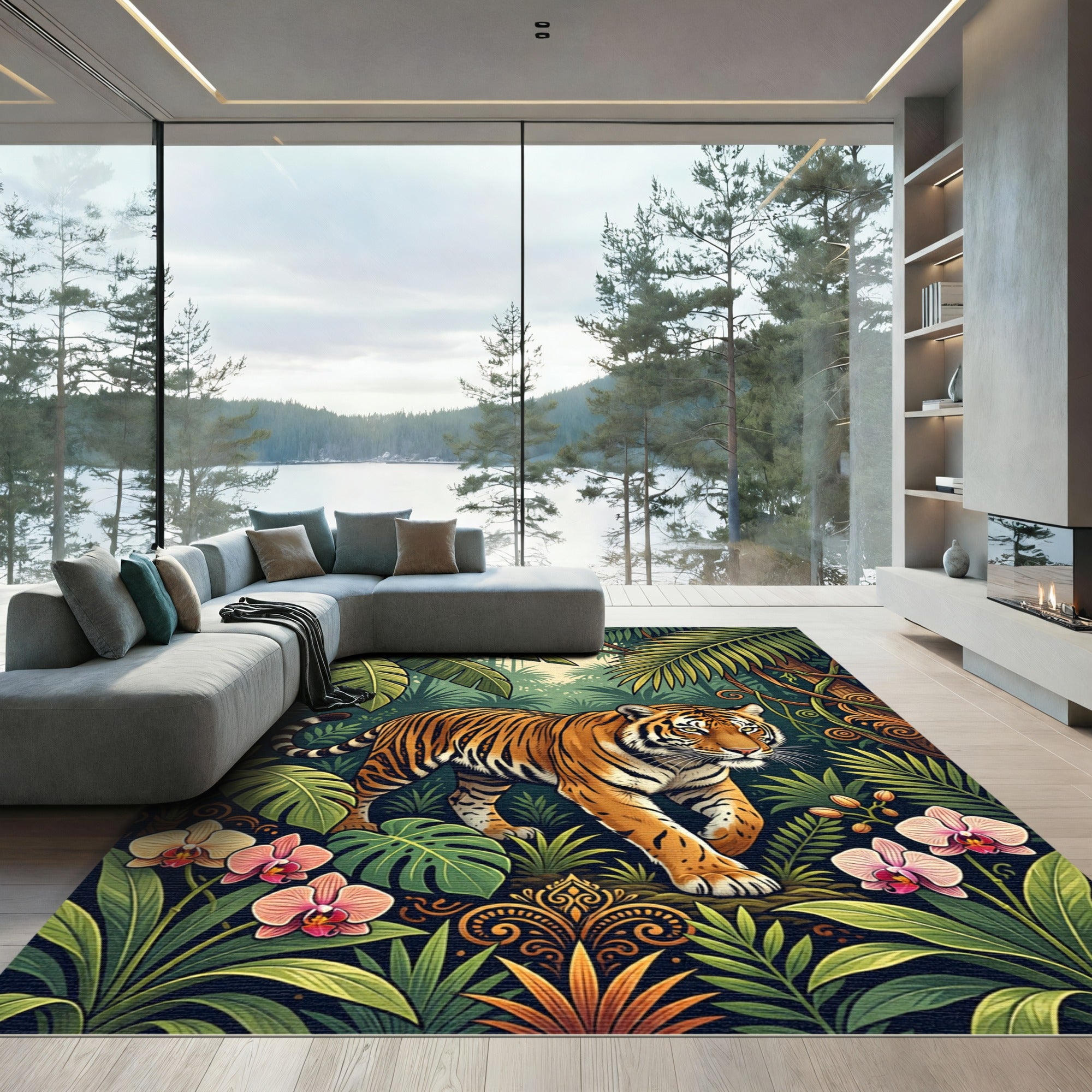 Majestic Tiger Amidst Tropical Lush Foliage Rug