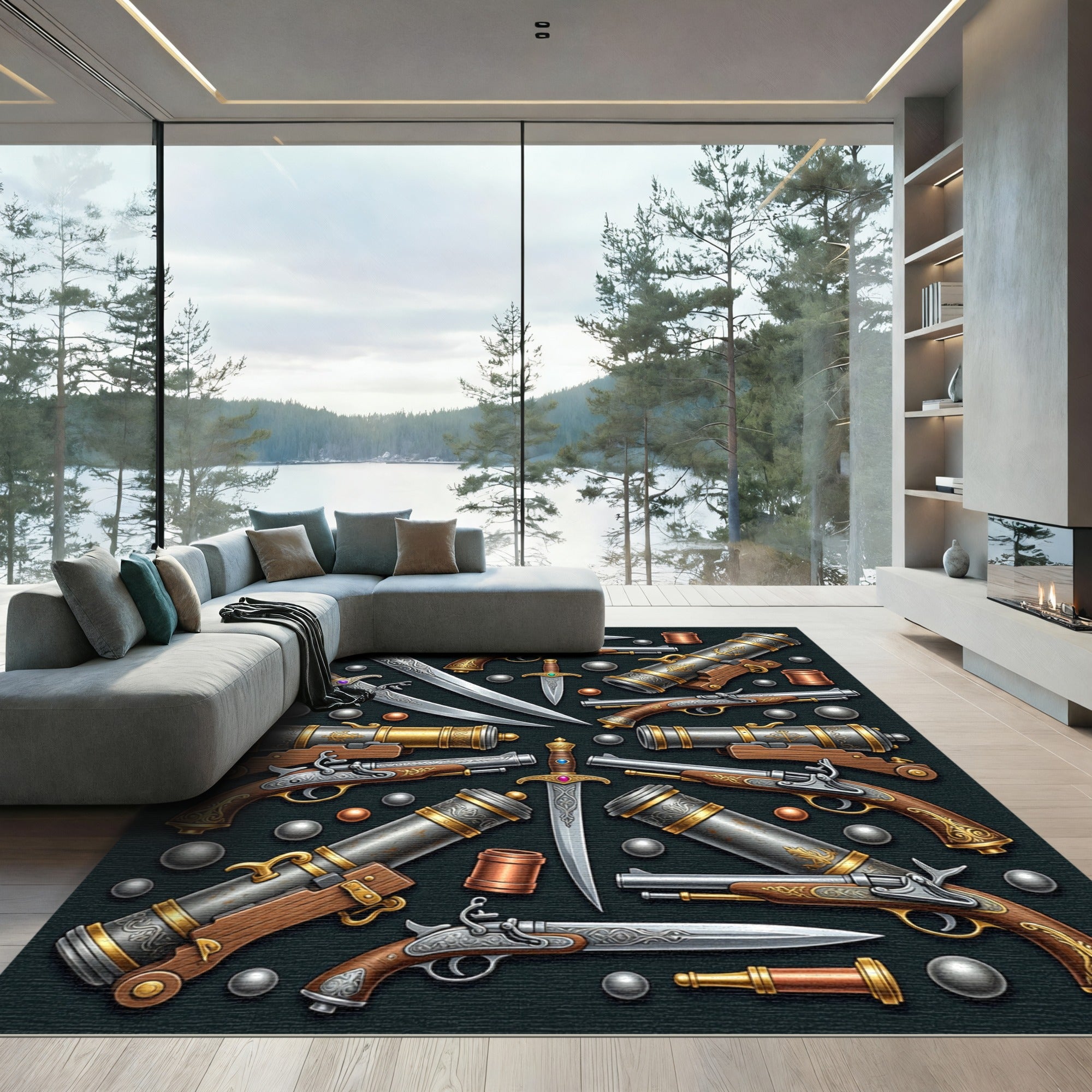 Ornate Antique Pirate Weaponry Medallion Rug