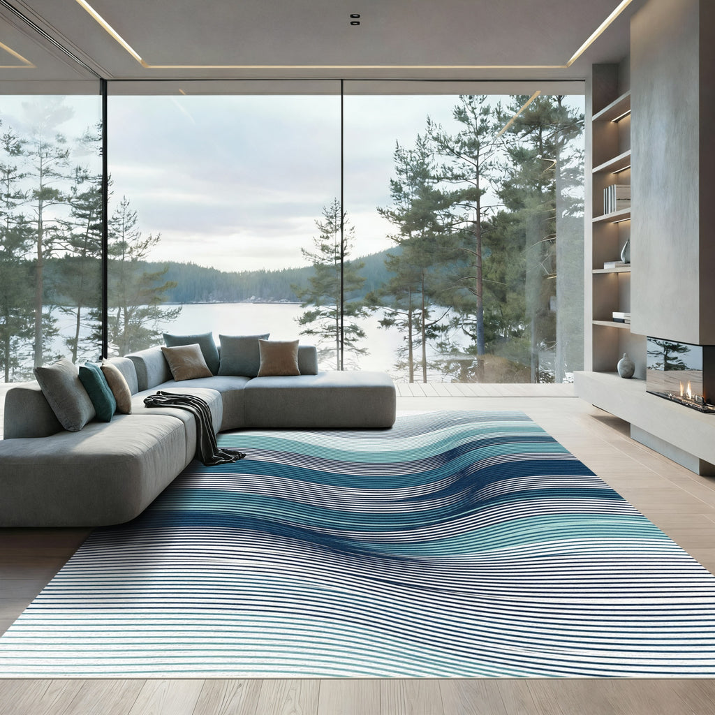 Deep Blue Teal Wavy Stripe Rug