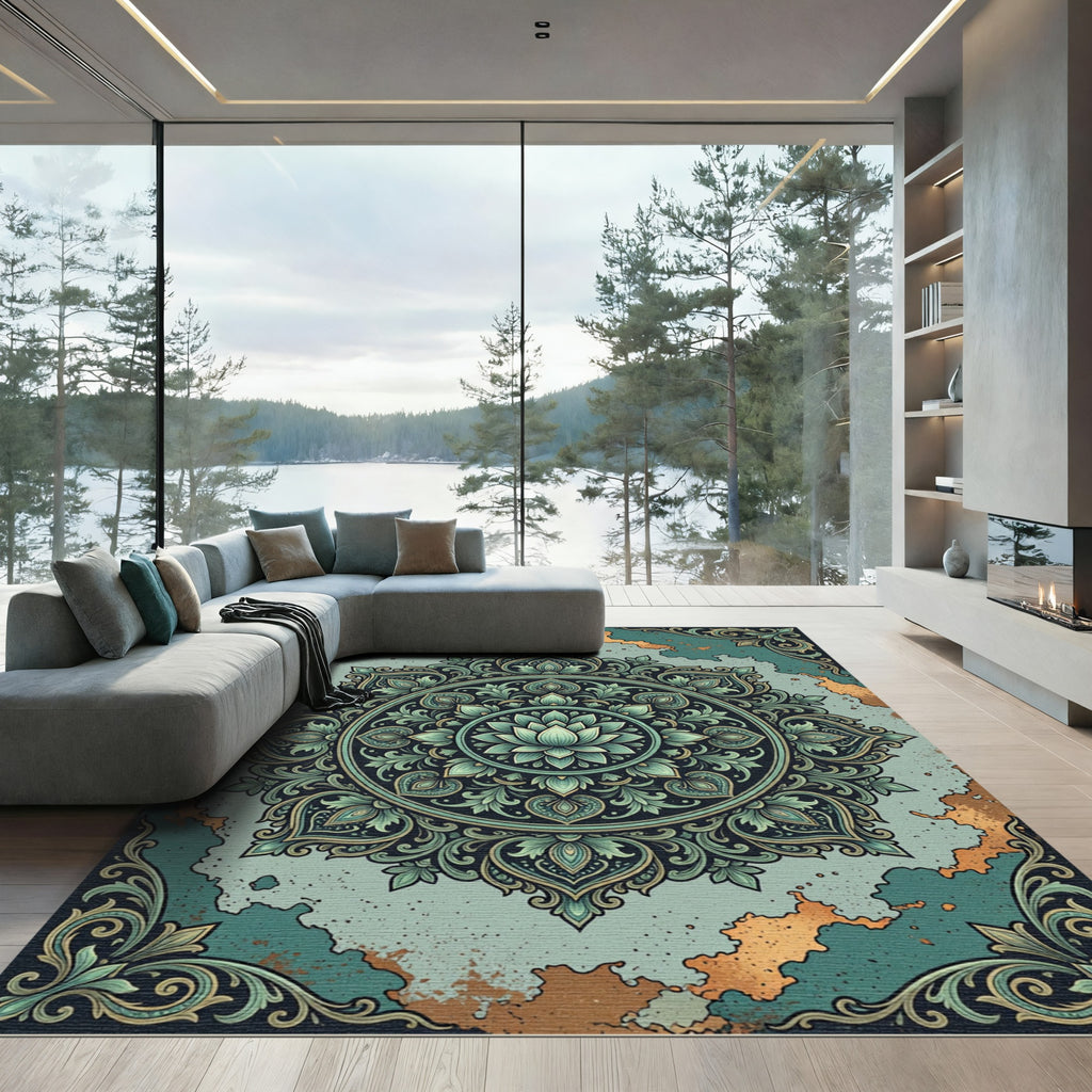 Elegant Teal Lotus Mandala Art Rug