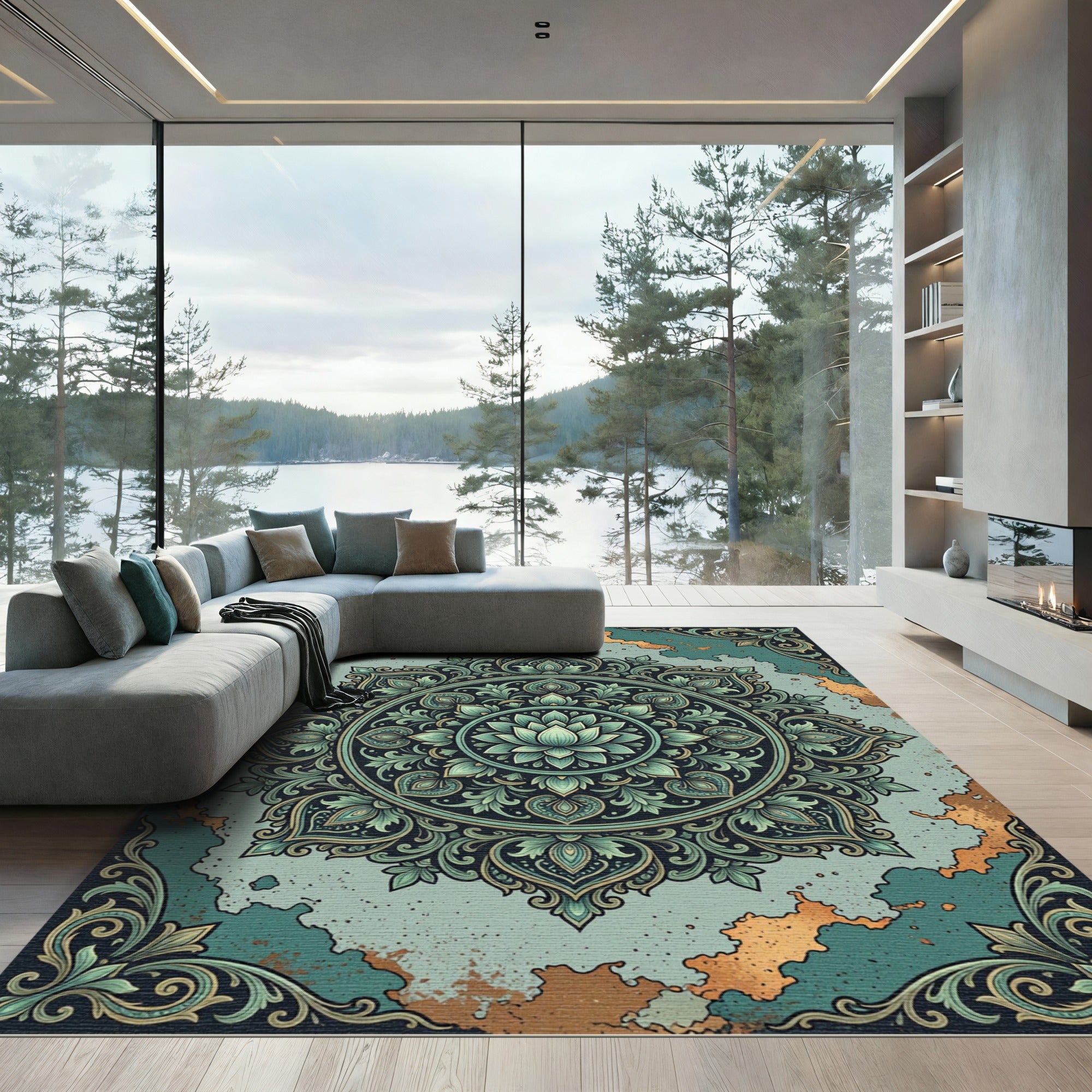 Elegant Teal Lotus Mandala Art Rug