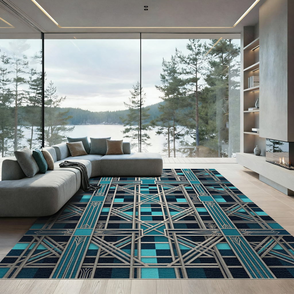 Art Deco Geometric Teal Silver Grid Rug
