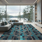 Art Deco Geometric Teal Silver Grid Rug