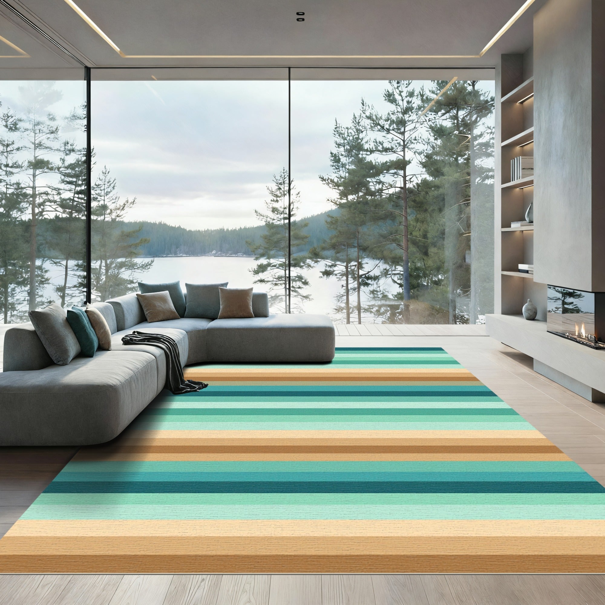 Serene Teal Brown Horizontal Stripes Rug