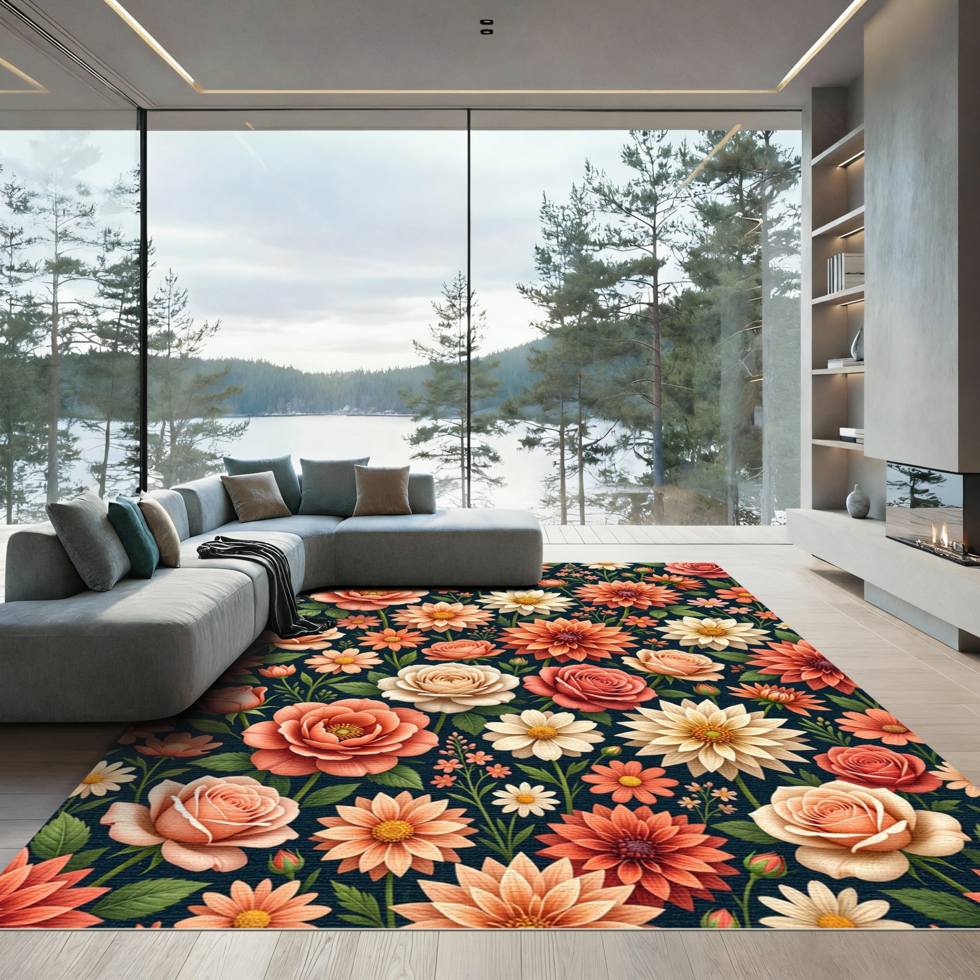 Coral Peach Floral Garden Composition Rug