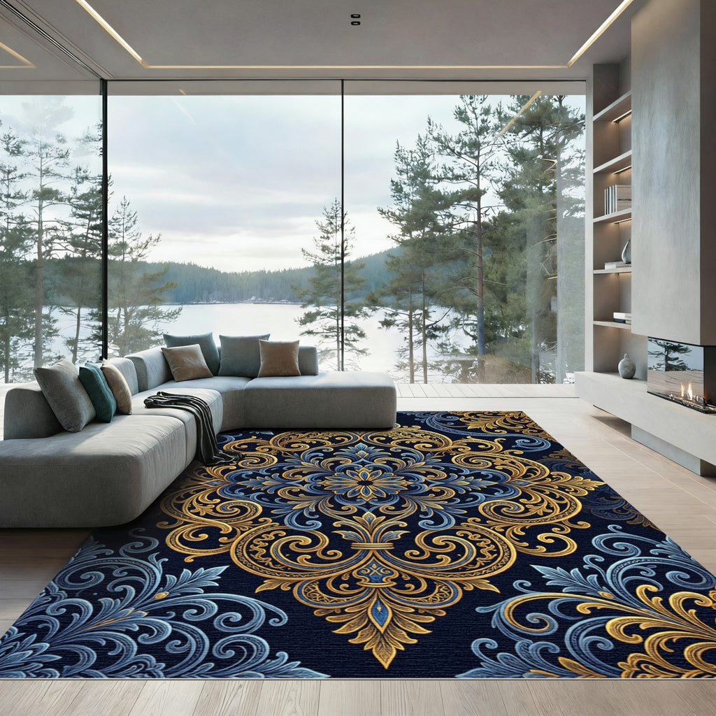 Royal Blue Golden Ornate Damask Swirl Rug