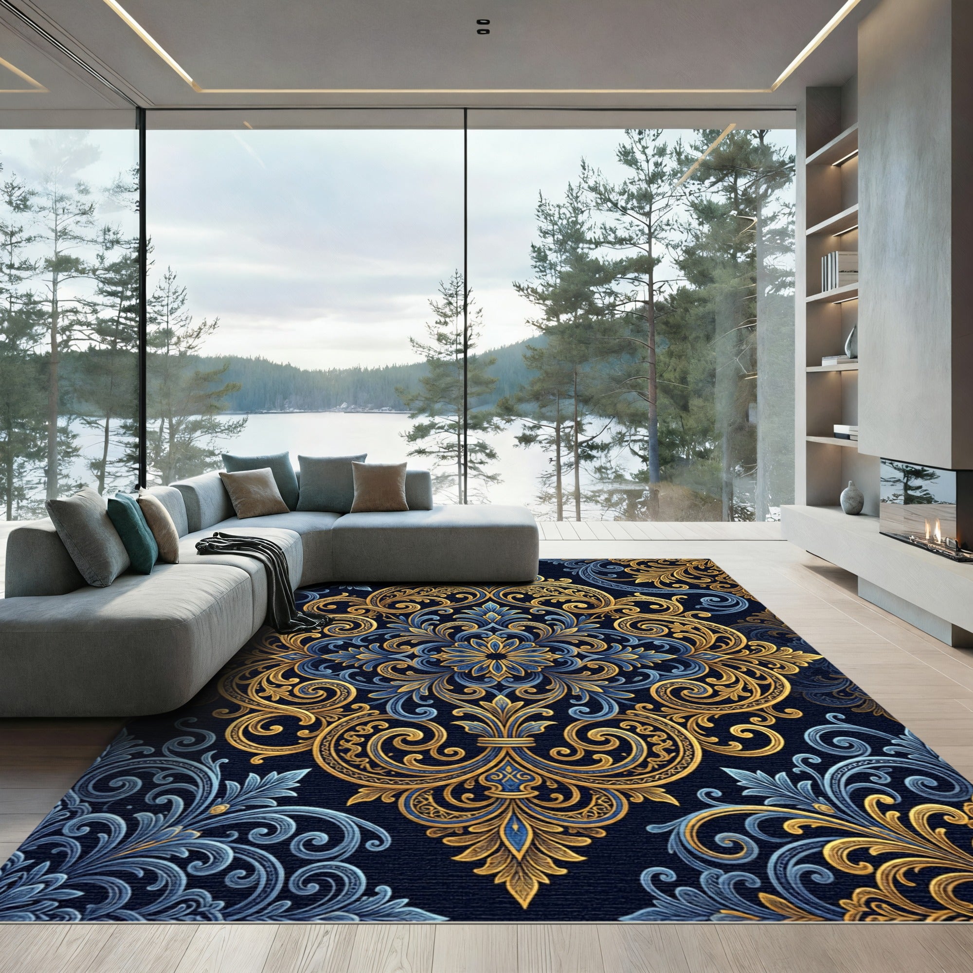 Royal Blue Golden Ornate Damask Swirl Rug