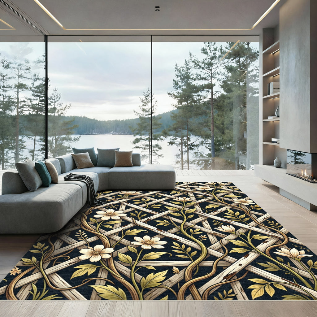 Cream Floral Trellis on Midnight Rug