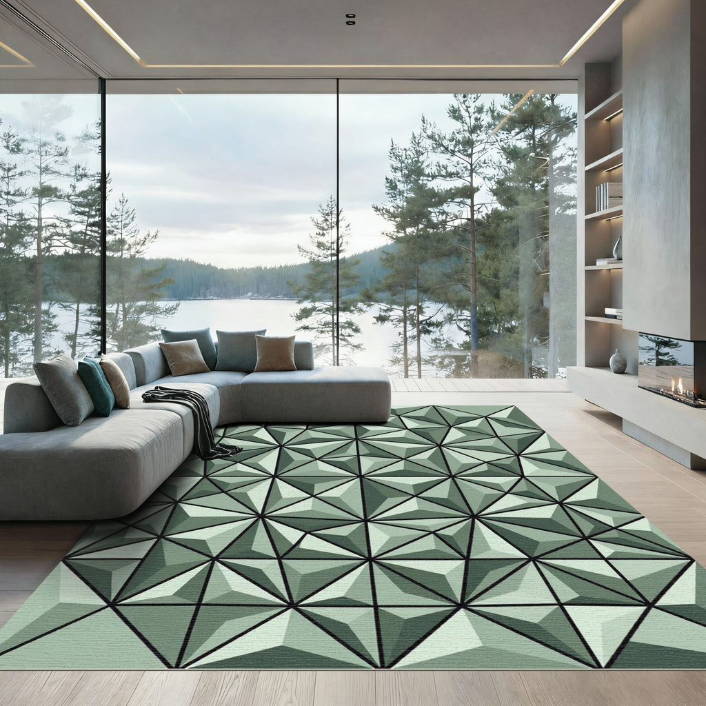 Geometric Sage Green Triangular Facet Grid Rug