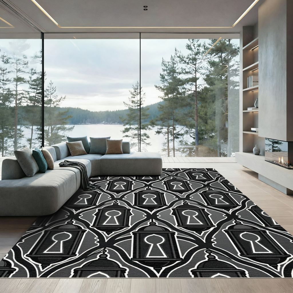 Black Gray Lantern Lattice Pattern Rug
