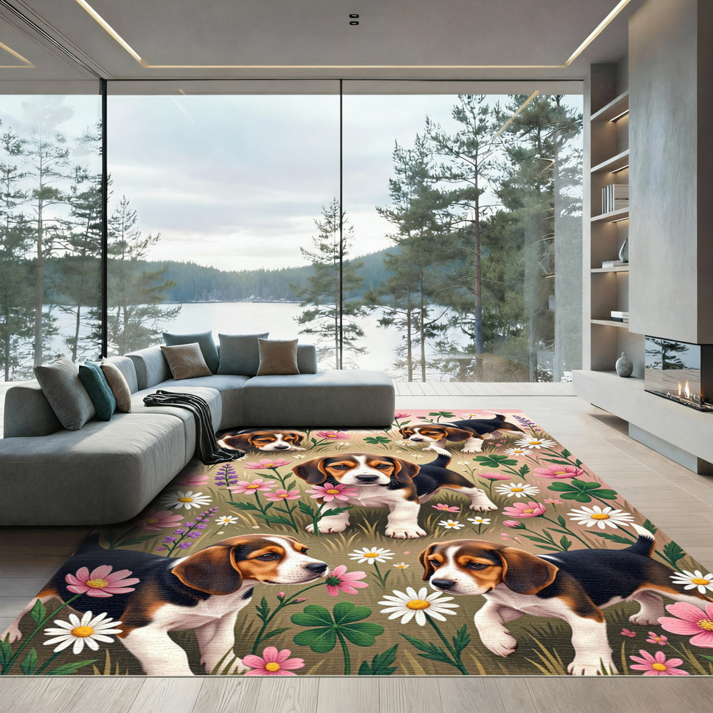 Playful Beagle Puppy Floral Meadow Rug